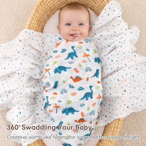 Image of david's kids 4 Pack Baby Muslin Swaddle Blankets, 100% Cotton and Ultra Soft Breathable Receiving Blanket Wrap for Boys Girls, New Born Essentials, Large 47 x 47 inches, Dinosaur Blue