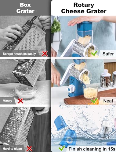 Image of Cheese Grater Rotary, Rotary Grater for Kitchen, Kitchen Grater Vegetable Slicer with 3 Drum Blades, Fast Cutting Cheese Shredder for Vegetables and Nuts