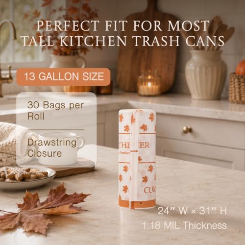Limited Edition Fall Maple Leaf Compostable Trash Bags By The Gardener's Daughter, 13 Gallon, 30 Count, White, Extra Strength, Drawstring Kitchen Wast_desvips.com