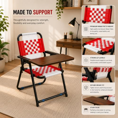 Image of Study Chair for Home with Writing Pad, Foldable Study Chair for Students, Niwar Seat and Back, Metal Frame, Folding Student Seat for Reading, Writing and Laptop Work, (Red & White)