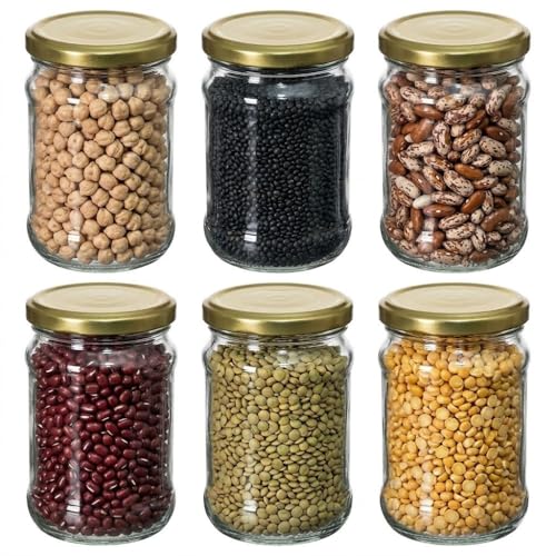 Image of Glassbunny Glass Jar Containers Set of 6 for Kitchen Storage - 200ml Each - Airtight Gold Lids, BPA-Free, Food Safe Pantry Storage Jars for Dry Food, Sugar, Snacks & Spices