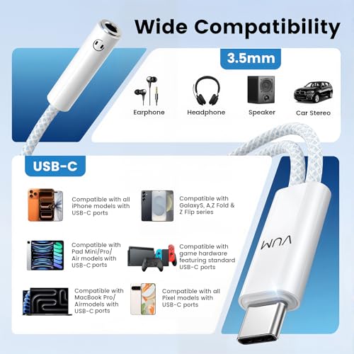 Image of VUM USB-C to Dual 3.5mm Headphones Jack Hi-Res Audio Adapter Splitter | 32-bit /384kHz Hi-Res, TRRS HD Mic Input Supported, 1-in 2-Out Hi-Fi Stereo USBC Audio Splitter, OFC Cable with Silver-Plated