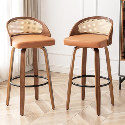 Image of 24.8 inch Swivel Rattan Bar Stools Set of 2,Mid-Century Modern Orange Faux Leather Upholstered Counter Height Stools,Kitchen Island Barstool with Rattan Low Backrest,Walnut Wood Finish Bar Chairs
