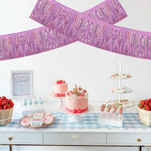 Image of BEISHIDA 3 Packs Metallic Foil Fringe Garland Laser Light Pink Wall Hanging Tinsel Fringe Banners for Car Floats Bridal Shower Wedding Birthday Easter Graduation Holiday Party Decoration(30 Feet)
