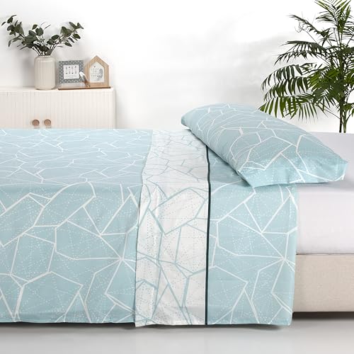 Sábanas 135x190 - Juego de Sábanas 3 Piezas - 100% Microfibra Suave y Transpirable - Sábana Bajera Ajustable, Encimera y Funda Almohada - Ropa de Cama Estampada (Ellie Aqua)