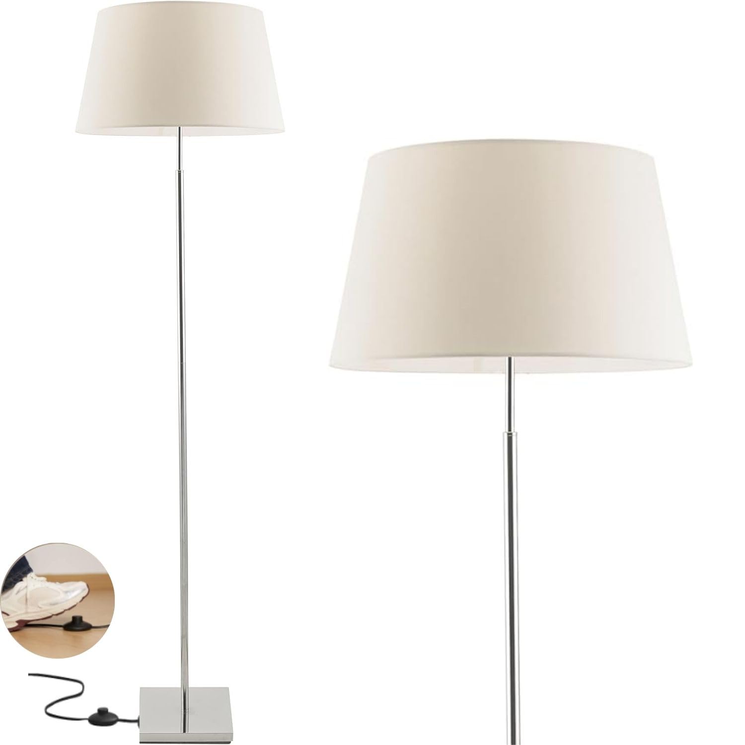 lampara de pie salon FIRENZE -lámpara pie de níquel satinado pantalla blanca incluida - lamparas de pie - E27 IP20 - lamparas de pie para salon - candeeiro de pé - floor lamp