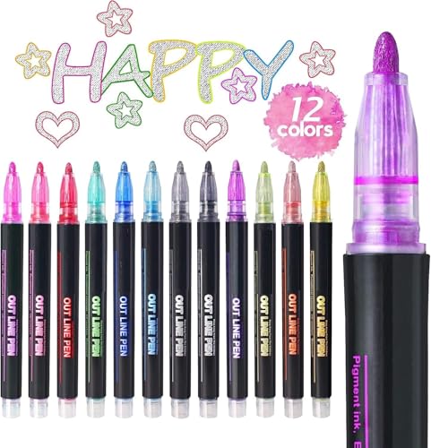Image of Amitasha 12 Colorful Outline Markers Metallic Glitter Pen Set For Painting, Greeting Cards, Glass, Mug, Scrapbook Crafts, Fabric, Fine Ideal Art