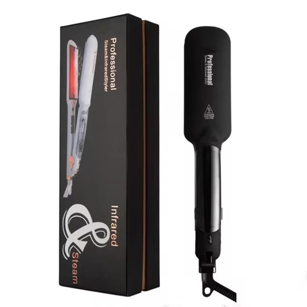 Professional Salon Infrared Flat Iron Wide Tourmaline Ceramic Plate, Steam Hair Straightener and Curler Iron 2 in 1 Vapor Straighteners for Hair 450 Degrees Adjustable Temp, 2 Inch, Black