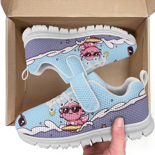Girls Shoes Non Slip Lightweight Breathable Comfortable Sport Walking Athletic Running Tennis Sneakers (Little Kid) Surfing Axolot Pattern White Sole2