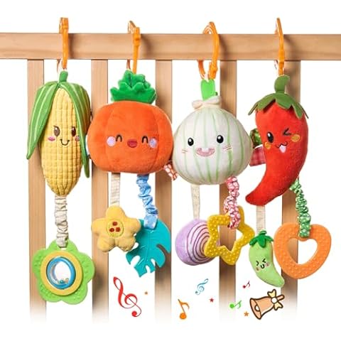 TUMAMA Hanging Baby Toys, 4 Pack Vegetable Crib Stroller Baby Gym Mobile Plush Toys, Early Baby Cognitive Sensory Hanging Rattle Toys with Teether. Suitable for Babies 0, 3, 6, 9, 12 Months Cover
