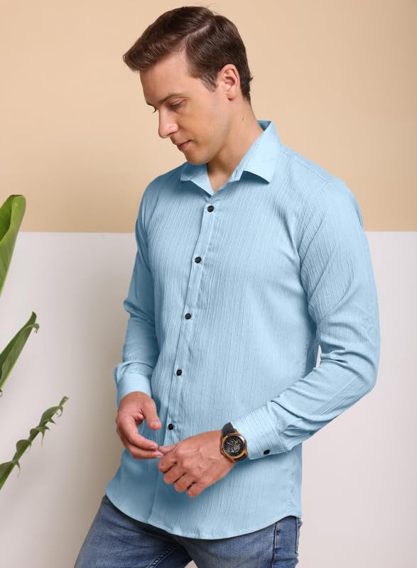 Image of Macsivo Men's Popcorn Shirt with Spread Collared Long Sleeve Button Down Closure Curved Hem Length | Linen Shirt for Man