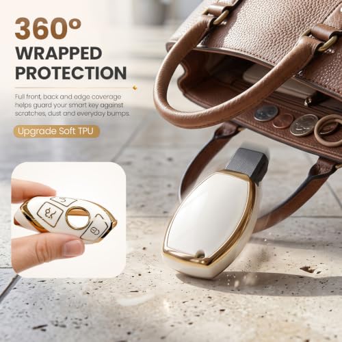 Image of for Mercedes Key Fob Cover with Metal Braided Rope Keychain for Benz Accessories, Upgraded Soft Key Case for Class Mercedes Benz (3 Button only) (Gold Edge)