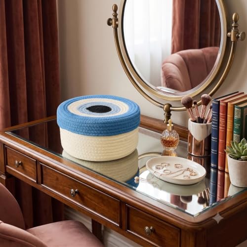 Image of Round Cotton Rope Evil Eye Storage Basket with Lid, Decorative Woven Storage Bin, Pot, Caddy, Organizer, Container for Snacks, Plants, 8x8x5 Inches Multicolor