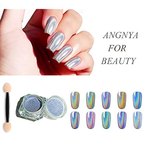Holographic Nail Powder Laser Glitter Rainbow Chrome Smooth Manicure Pigment Shining Nail Art with 1 Sponge Kits 1g/Box Cover