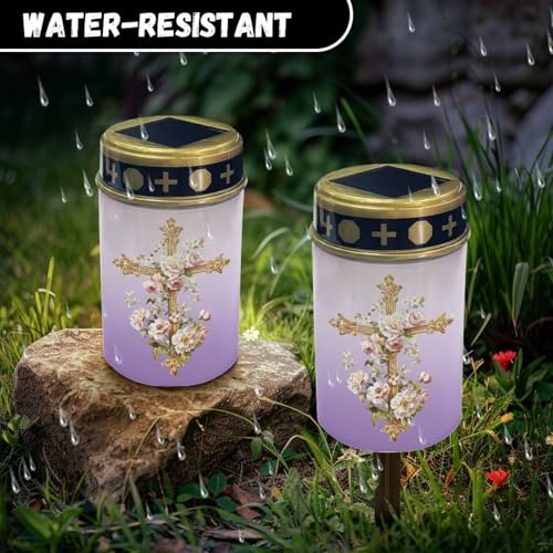 Image of Cross and Floral Solar Grave Lights for Cemetery Flameless Solar Powered Light for Prayer Waterproof Cemetery Solar Lights for Grave Cemetery Decor Candle Lamp