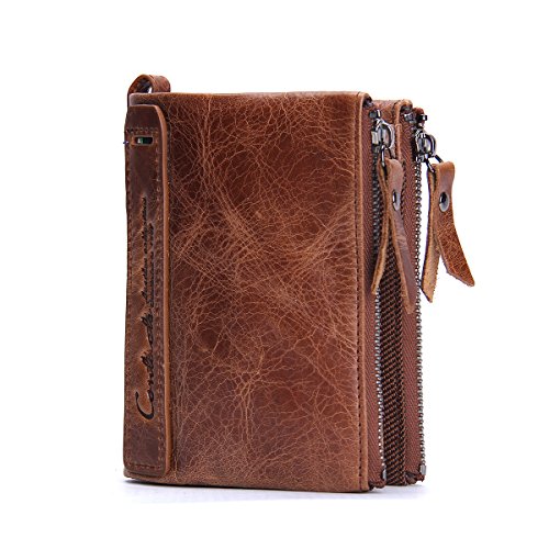 Contacts Cartera doble Bifold del monedero del bolsillo de la moneda de la cremallera del cuero genuino de los hombres Marrón