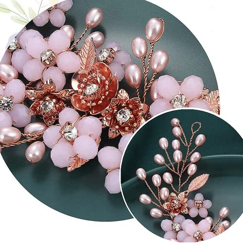 ISLHJDD Crystal Bridal Flower Wedding Hair Vine Pearl Hair Accessories Bridal Hair Clip Bridal Headband Headpiece for Women and Girls (Pink B) - Image 3