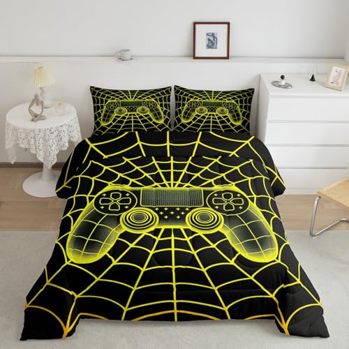 jejeloiu Gamer Bedding Set Toddler Size Spider Web Comforter Cover for Boys Girls Teens Yellow Duvet Cover Breathable Soft Lightweight Microfiber