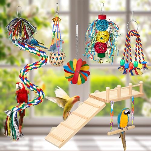 Image of 6 Pcs Parakeet Cockatiel Bird Toys, Parrot Swing Chewing Hanging Toys, Colorful Style Parrots Cage Accessories, Interactive Chew & Climb Play Set (Interactive Style)