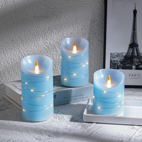 Image of Rechargeable LED Candles, Real Wax, 4 5 6 in, Sky Blue, 3 Pack | USB Rechargeable Real Wax Candles with Remote, Timer and Star Lights