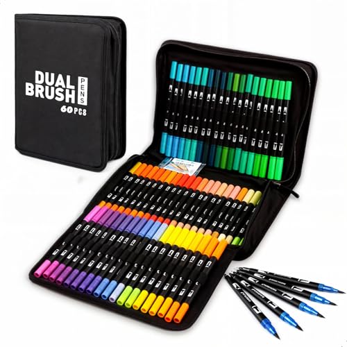 Kit 60 Canetas Ponta Dupla com Estojo Pasta Ponta Dupla Brush e Fina 0.4mm Canetas Artísticas Coloridas para Lettering Desenho Caligrafia e Bullet Journal