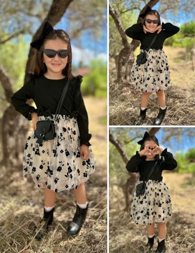 Image of Arshiner Toddler Girls Tulle Dresses with Bow Tie Fall Winter Long Sleeve Formal Party Dress 1-7 Y