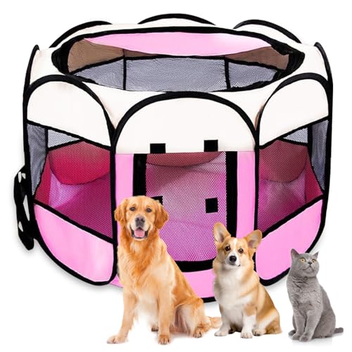 Welpenauslauf Faltbare Hundebox für Zuhause Welpenlaufstall Tragbarer Haustier Hundezaun, Wasserdichtes Oxford-Tuch Laufstall Hund, Katzenkäfig Hundekäfig für Katzen Hunde Kaninchen (Rosa/Beige, S, 8)