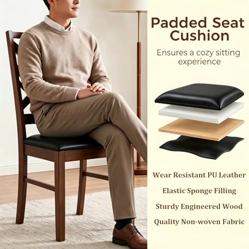 Image of COSTWAY Wooden Dining Chairs Set of 2, Farmhouse Kitchen Side Chair with High Back, PVC Leather Padded Seat, Armless Chairs for Dining Room, Living Room, Home Kitchen, Restaurant (Walnut & Black)