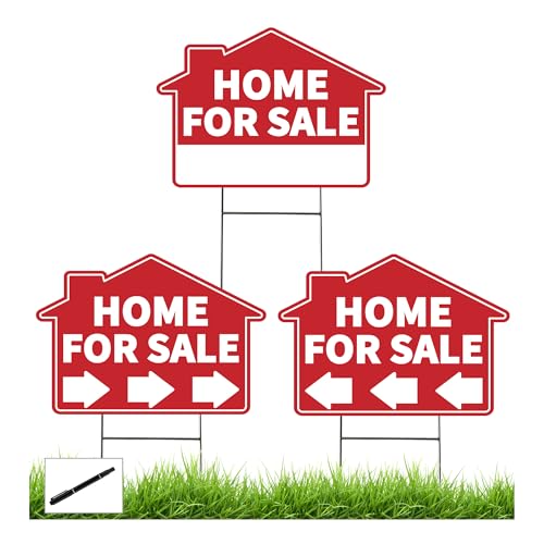 3 Pack Home For Sale Signs House for Sale Sign with Metal Stakes - 17x12 Double Sided Weatherproof Yard Sale Signs with Directional Arrows - Ideal for Real Estate Agents & Property Sales (Red)