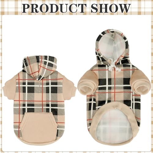 EXPAWLORER Plaid Cat Hoodie - British Style Warm Cat Sweater Shirt with Leash Hole,Pet Clothes Outfits,Winter Coat Apparel for Puppy Cats Girl Boy-Kitten Apparel,Beige M - Thumbnail 6