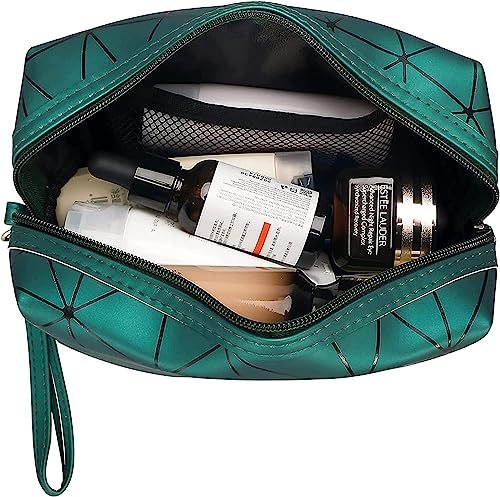 Image of Sunesh Creation Large Capacity Cosmetic Travel Bag, Women's Makeup Travel Bag Portable Leather Cosmetics Bag, Makeup Storage Bags with Handle and Divider, Makeup Bag - Green