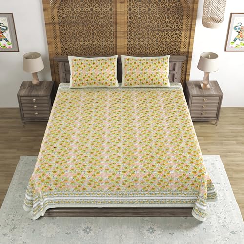 Image of BLOCKS OF INDIA Hand Block Printed 200 TC Cotton King Size Bedsheet (Green GAD Buti)