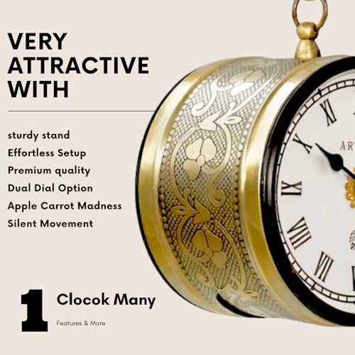 Image of Handcrafted Double Side Metal Analog Vintage Wall Clock | 1.5 Year Machine Warranty | 6 INCHES | 1 Side Number 1 Side Roman,Color Golden