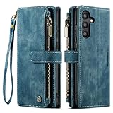 UEEBAI Wallet Case for Samsung Galaxy A55 5G, Premium Handmade PU Leather Phone Case Card Slots Magnetic Closure Zipper Pocket Kickstand Flip Case with Hand Strap - Blue