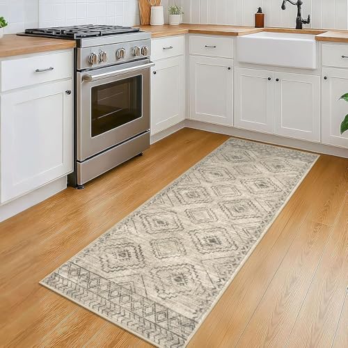KILOCOCO Boho Kitchen Runner Rug 2x5 Washable Runner Rug Soft Runners for Hallways Non Slip Printed Distressed Laundry Room Rugs, Low-Pile Runners for Entryway Bedroom Living Room, Beige/Gray/Green