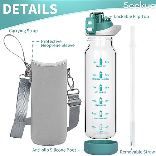 Seekua 800ml Glass Water Bottle with Straw & Time Markings BPA free Motivational Glass Drinking Bottle Leakproof - Image 3