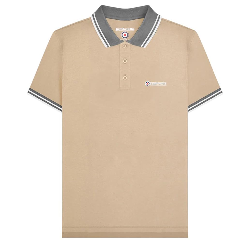 Lambretta Men's Stone/Iron Contrast Tip Short Sleeve Polo Shirt - Xl