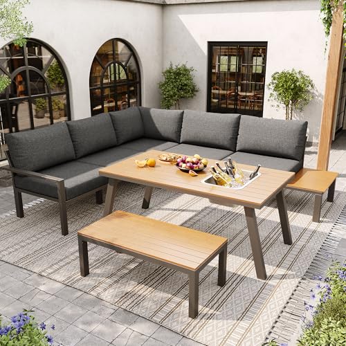Jtyca Conjunto Jardín Exterior para 6-7 Personas, Conjuntos de Muebles de Jardín con Hierro Galvanizado, Tablero de Mesa con Cubitera, Adecuado para Jardín, Balcón, Terraza, Grupo de Comedor, Gris