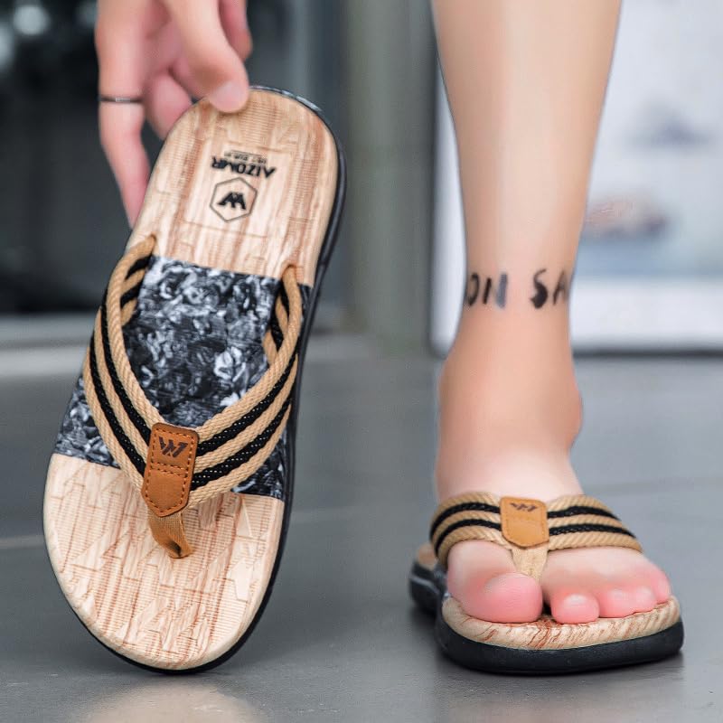 Mens Flip Flops Arch Support Comfortable Waterproof Open Toe Summer Beach Leather Thong Sandals Cushion Slip on Slippers