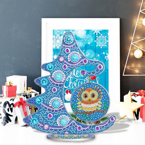 Image of AiYuanzsh Blue Christmas Tree Diamond Art Tabletop Ornament with Owl Hanging Kit, Acrylic Diamond Painting Desktop Decoration Kit, DIY Holiday Diamond Art Crafts 9.84 x 11.22 inch