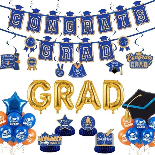 Image of Blue Orange Gold Balloons GRAD Print Balloons with Banner Table Honeycomb Centerpieces Hanging Swirl star GRAD Letters Mylar Balloons for 2026 graduate Prom Decorations