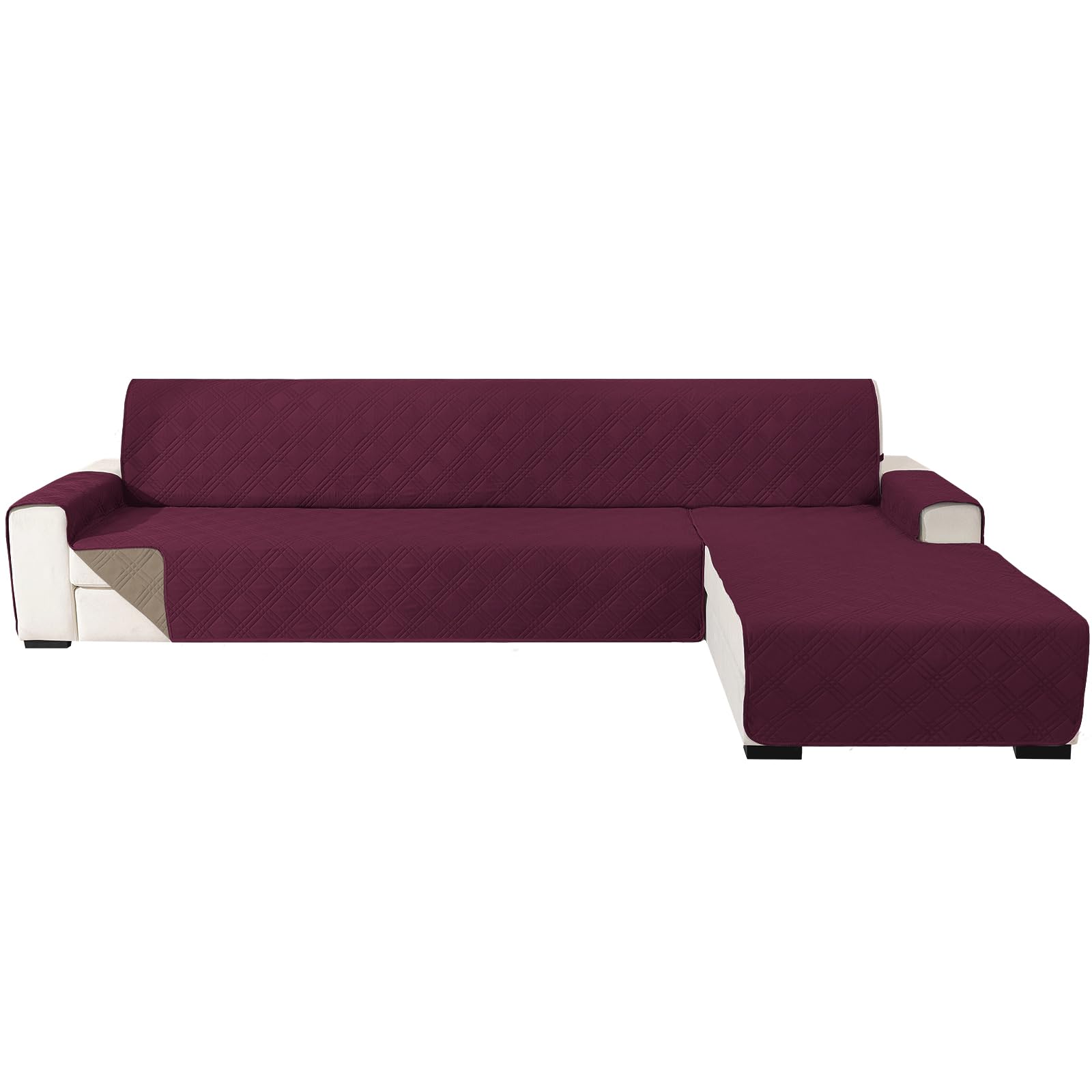 Ystyle Reversible 3-Seater Long Sofa Cover, Universal L Sofa Cover, Left/Right Chaise Longue Sofa Cover, Scratch-Resistant Washable Sofa Protector (255 cm, Burgundy + Light Coffee) Global Recycled Standard Global Recycled Standard Global Recycled Standard