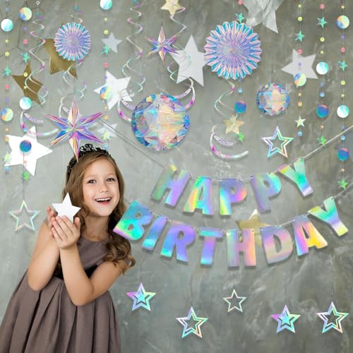 Image of Knitgrip 23 Pcs Iridescent Birthday Party Decorations Disco Sparkly Decorations Holographic Party with Mermaid Happy Birthday Banner Hanging Honeycomb Ball Paper Fan Snowflake Star