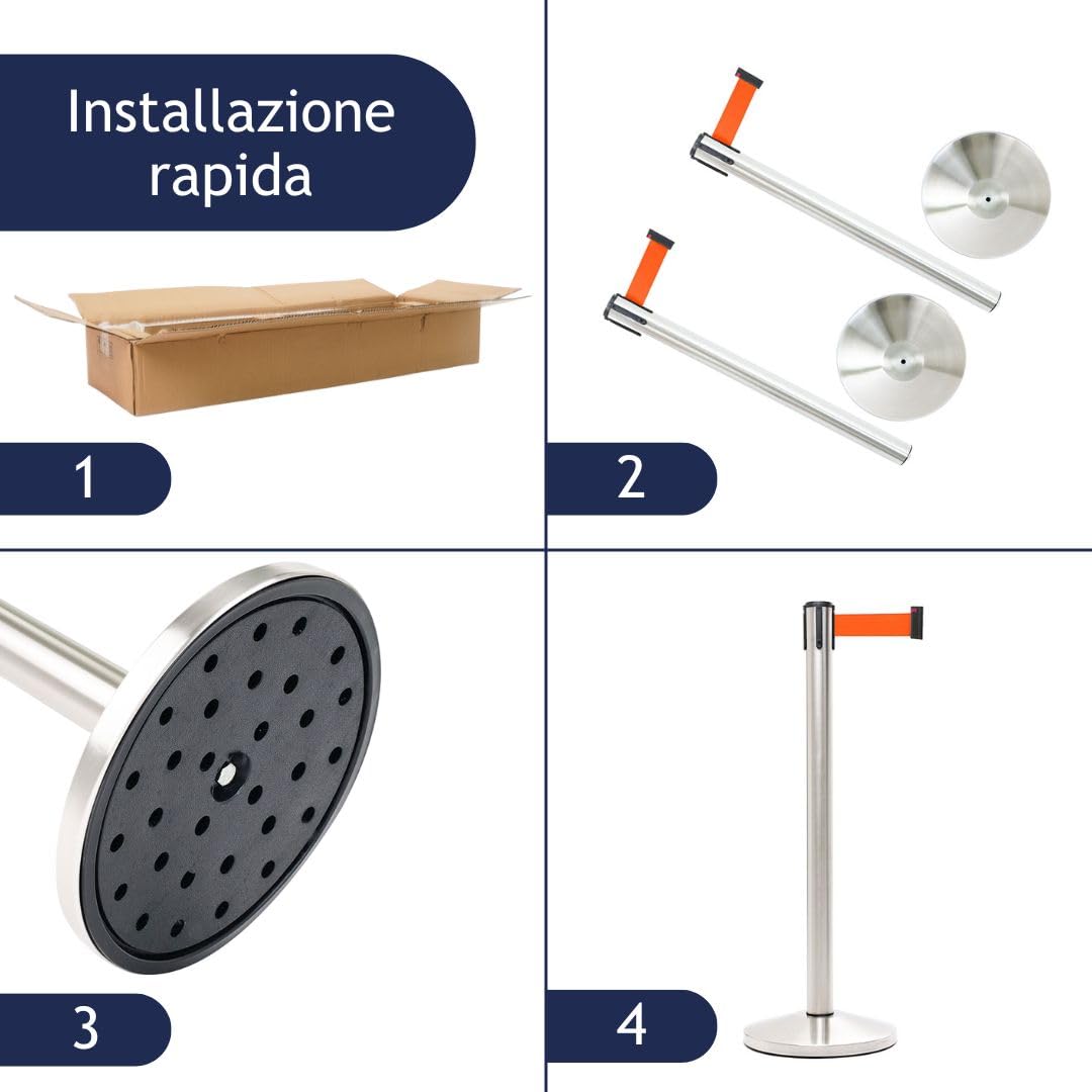 Postes Separadores de Acero Cromado Pulido con Cinta 3mt Base Antideslizante Naranja