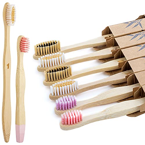 Bestylez 6 Family Pack Bamboo Toothbrushes, Medium Bristle & Extra Soft Toddler Spiral Bristle, Natural Wooden Biodegradable Toothbrushes
