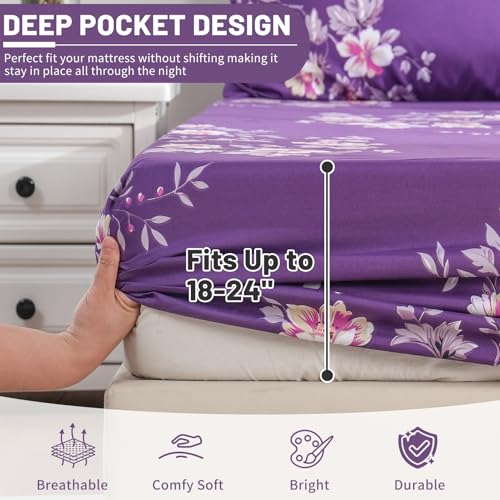 Bedlifes King Size Extra Deep Pocket Sheet Sets - Fits Mattresses Up to 18-24" Thick, 4-Piece Microfiber Set with 1800 Thread Count, Soft, Smooth, Breathable, Featuring Dark Purple Floral