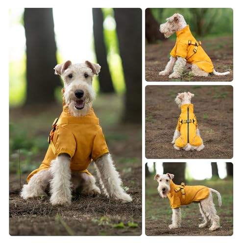 Hunde-Regenmantel für kleine und mittelgroße Hunde, wasserdichte Hunderegenjacke mit integriertem Geschirr für nasses Wetter, leicht zu tragen, reflektierend, Gelb, Größe M