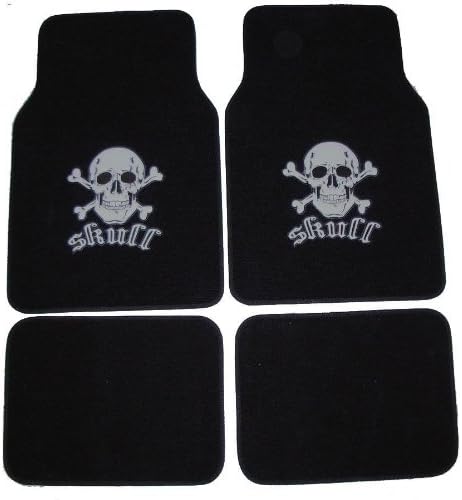 A set of 4 universal fit plush carpet floor mats for cars / truck - Skull and Cross Bone Silver