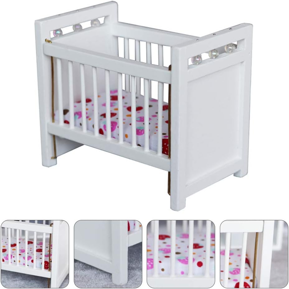 1:12 Scale Dollhouse Mini Crib: Wooden Baby Doll Crib for Dollhouse - Adorable Doll House Accessories and Furniture - Mini Baby Bed Cradle for Miniature Furniture 1 12 Scale 4.40 * 3.93 inches