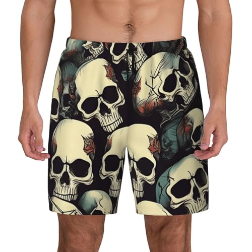 Skull Skeleton Print Mens Swim Shorts Trunks Inseam Compression Liner Quick Dry Zipper Pocket Black